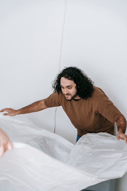 A minimalistic bedroom interior featuring a neatly made white mattress resting directly on a platform bed frame with a softly padded, vertically stitched headboard in a matching white fabric. The room